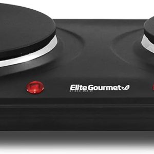Elite Gourmet EDB-302BF# Countertop Double Cast Iron Burner, 1500 Watts Electric Hot Plate, Temperature Controls, Power Indicator Lights, Easy to Clean, Black