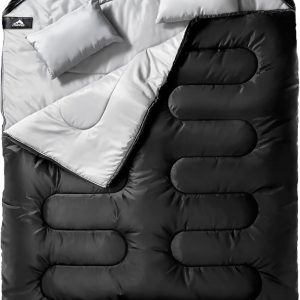 MEREZA Double Sleeping Bag for Adults Mens with Pillow, XL Queen Size Two Person Sleeping Bag for All Season Camping Hiking Backpacking 2 Person Sleeping Bags for Cold Weather & Warm