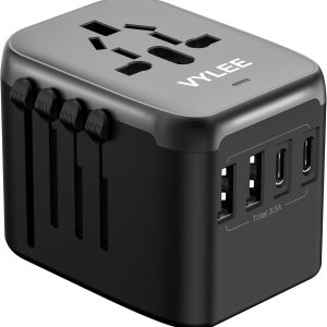 Universal International Power Travel Plug Adapter, 5 in 1 European Travel Plug Adapter W/ 3.5A 2xUSB-A and 2xUSB C Wall Charger and Worldwide AC Outlet for Europe USA UK AUS Asia (Black Grey)